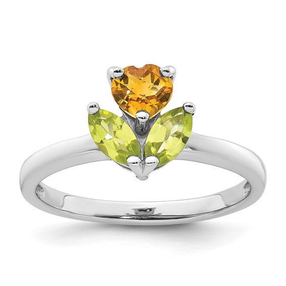 White Gold Plated Sterling Silver Natural Citrine & Peridot Flower Ring