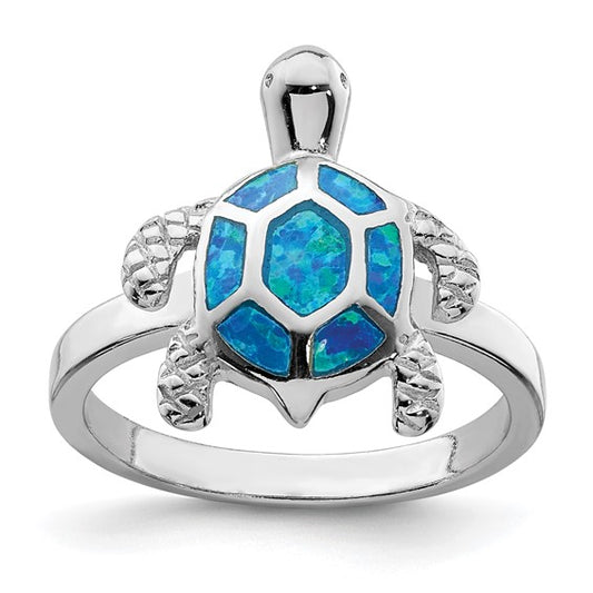 Sterling Silver White Gold Plated Lab Created Blue Opal Turtle Ring