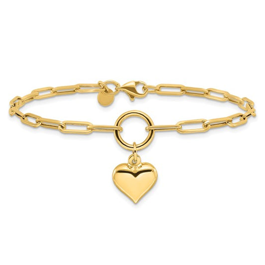 10K Yellow Gold Paperclip Puffer Heart Bracelet