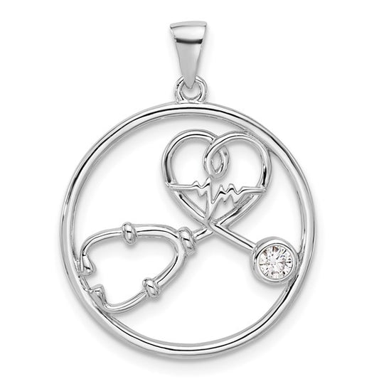 White Gold Filled Sterling Silver First Responder Nurse Circle Pendant