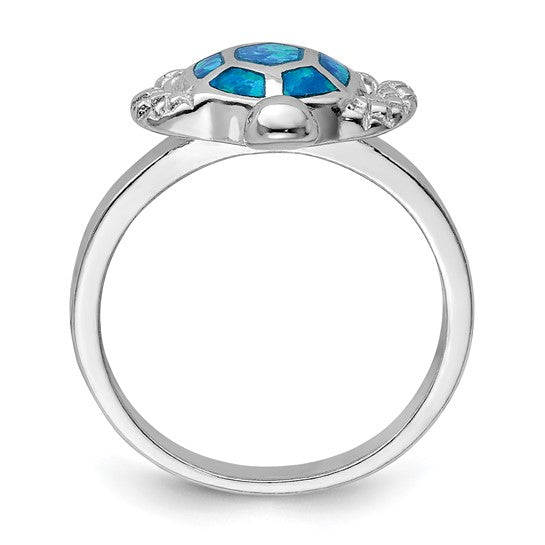 Sterling Silver White Gold Plated Lab Created Blue Opal Turtle Ring