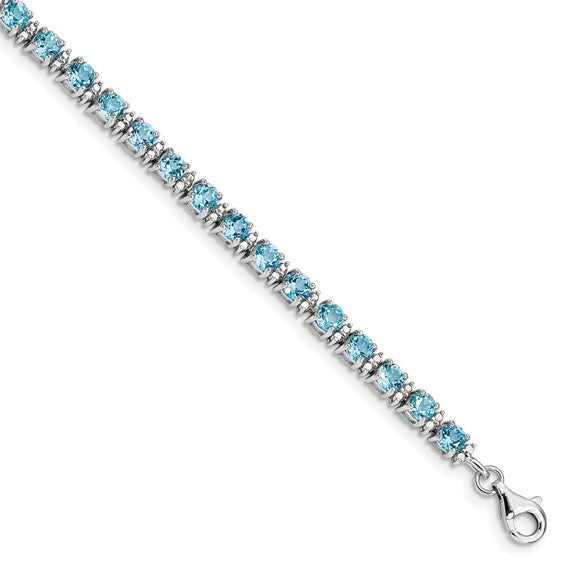 White Gold Filled Sterling Silver Natural Blue Topaz & Diamond Tennis Bracelet
