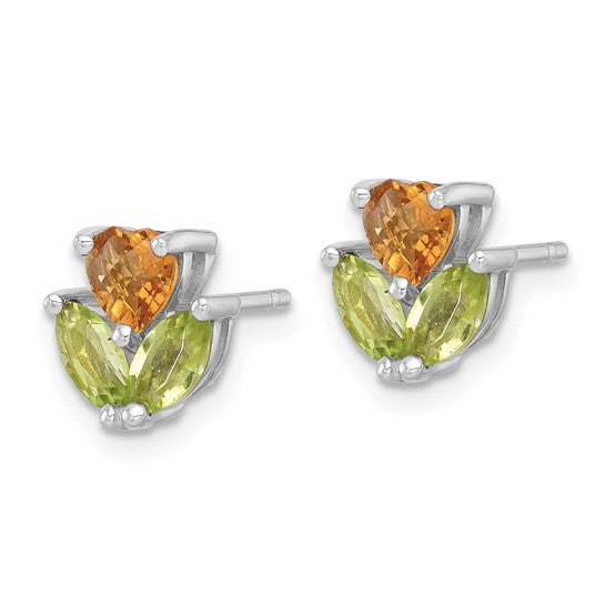White Gold Plated Sterling Silver Natural Citrine & Peridot Flower Earrings
