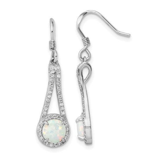 Sterling Silver White Gold Plated Lab Created Opal Dangle Earrings