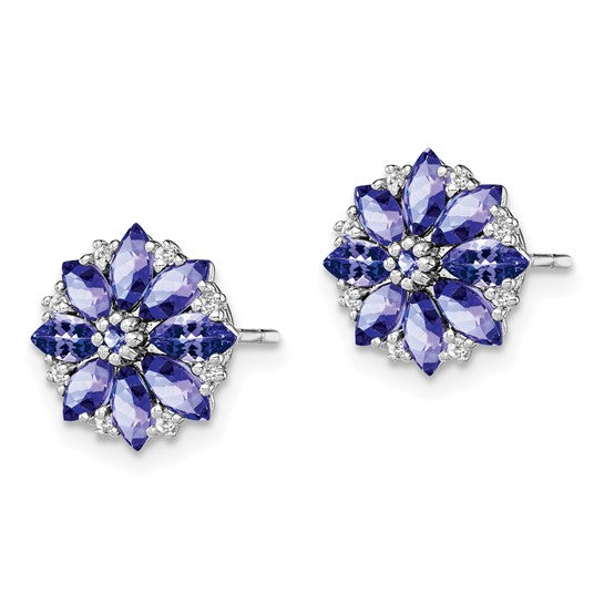 White Gold Filled Sterling Silver Natural Tanzanite & Diamond Stud Cluster Earrings