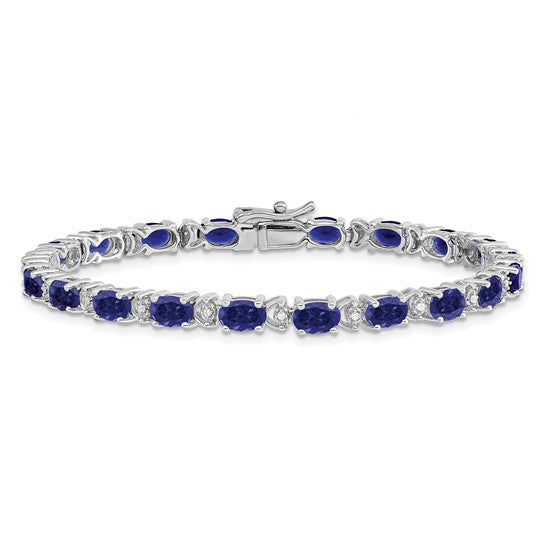 14K White Gold Lab Grown Sapphire Oval Stone Diamond Bracelet