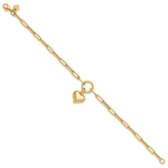 10K Yellow Gold Paperclip Puffer Heart Bracelet