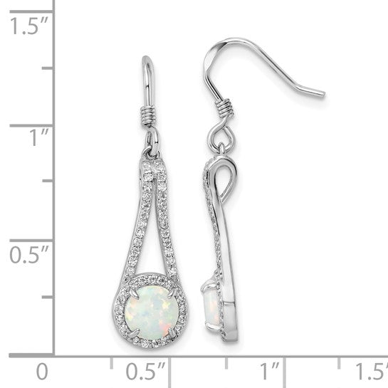 Sterling Silver White Gold Plated Lab Created Opal Dangle Earrings