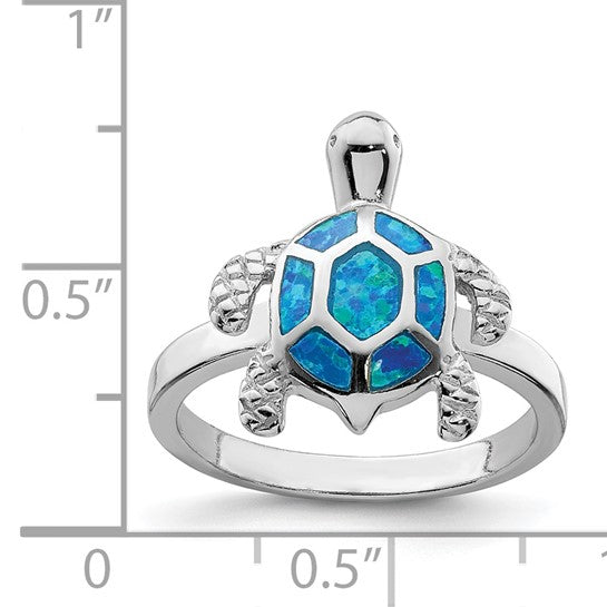 Sterling Silver White Gold Plated Lab Created Blue Opal Turtle Ring