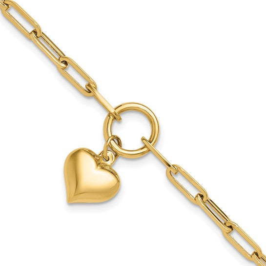 10K Yellow Gold Paperclip Puffer Heart Bracelet