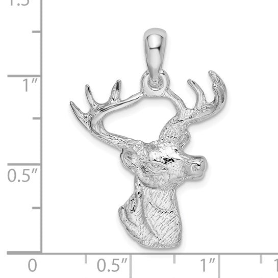 Sterling Silver Rhodium Plated Buck Deer Head Pendant
