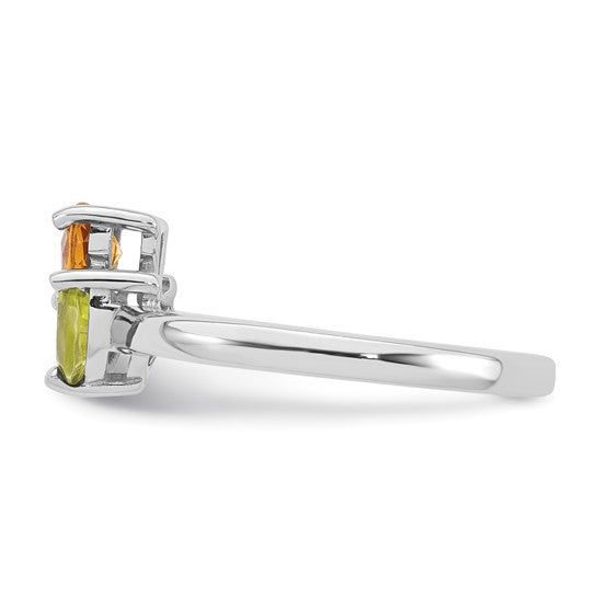 White Gold Plated Sterling Silver Natural Citrine & Peridot Flower Ring