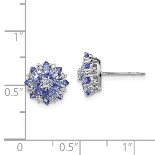 White Gold Filled Sterling Silver Natural Tanzanite & Diamond Stud Cluster Earrings