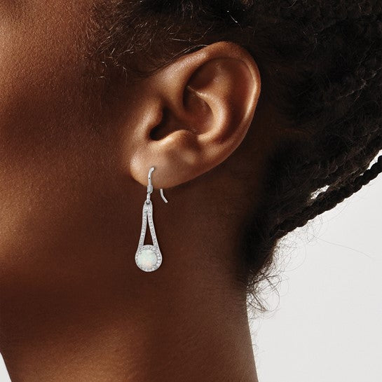 Sterling Silver White Gold Plated Lab Created Opal Dangle Earrings