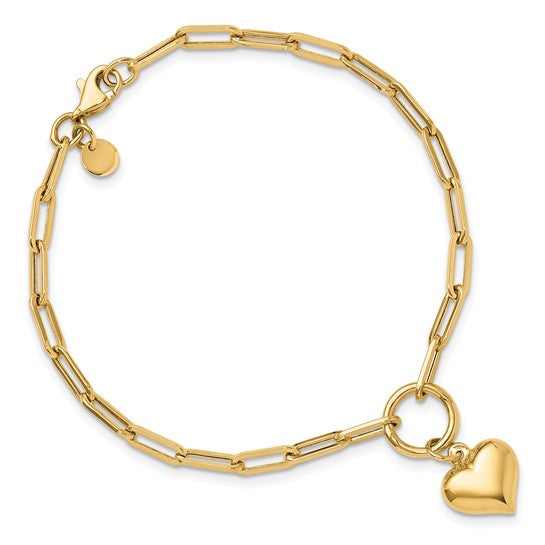 10K Yellow Gold Paperclip Puffer Heart Bracelet