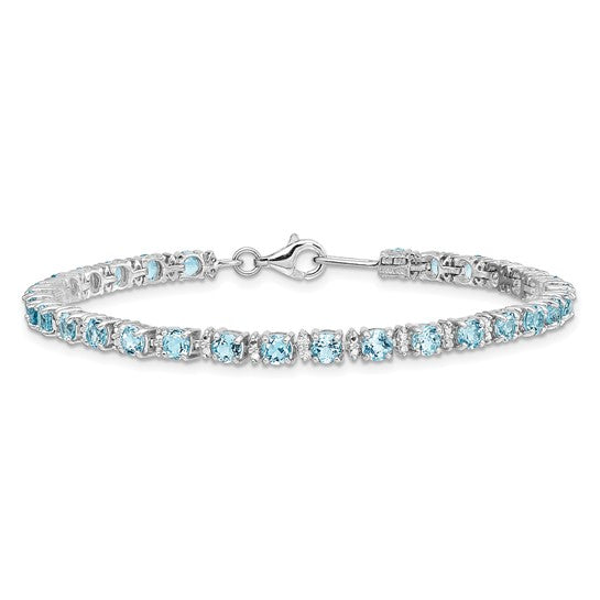 White Gold Filled Sterling Silver Natural Blue Topaz & Diamond Tennis Bracelet
