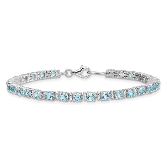 White Gold Filled Sterling Silver Natural Blue Topaz & Diamond Tennis Bracelet