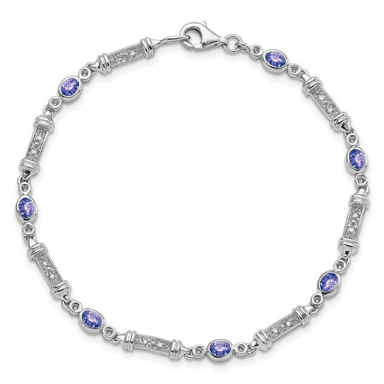 White Gold Filled Sterling Silver Natural Tanzanite & Diamond Rod Bracelet