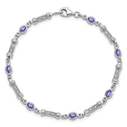 White Gold Filled Sterling Silver Natural Tanzanite & Diamond Rod Bracelet
