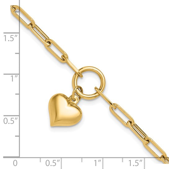 10K Yellow Gold Paperclip Puffer Heart Bracelet