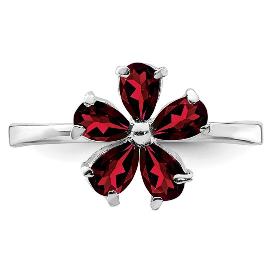 Sterling Silver Natural Garnet Flower Ring