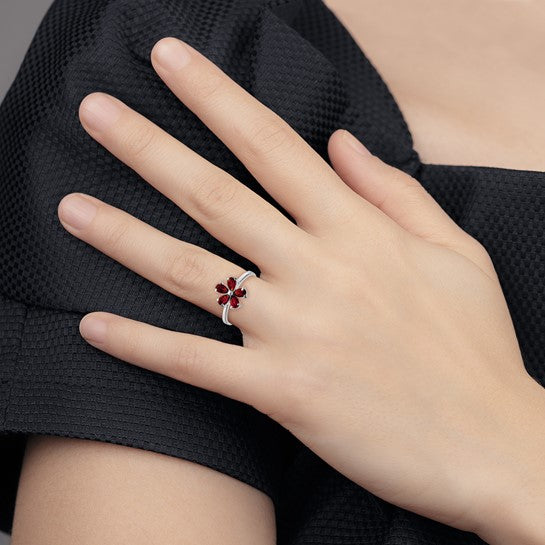 Sterling Silver Natural Garnet Flower Ring