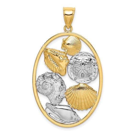 14K Yellow/White Gold Sea Shell Circle Hoop Two Tone Pendant