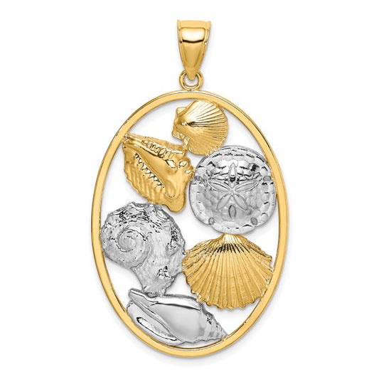14K Yellow/White Gold Sea Shell Circle Hoop Two Tone Pendant