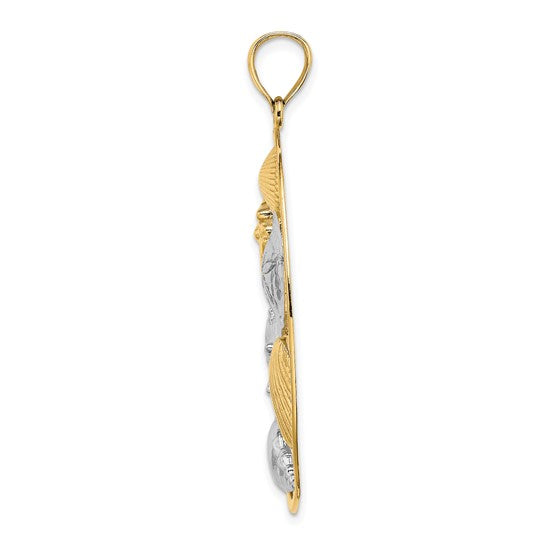 14K Yellow/White Gold Sea Shell Circle Hoop Two Tone Pendant