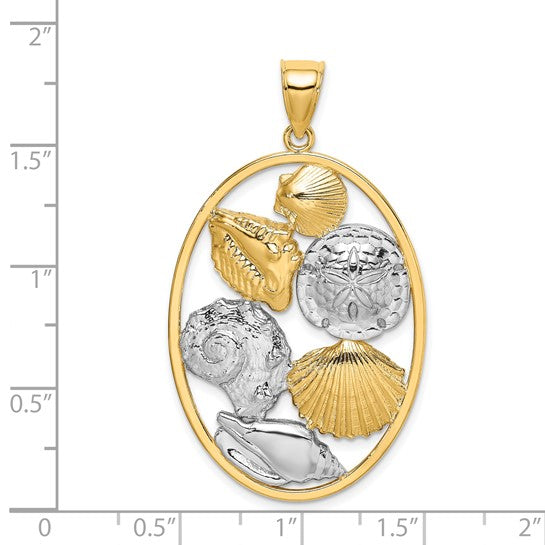 14K Yellow/White Gold Sea Shell Circle Hoop Two Tone Pendant