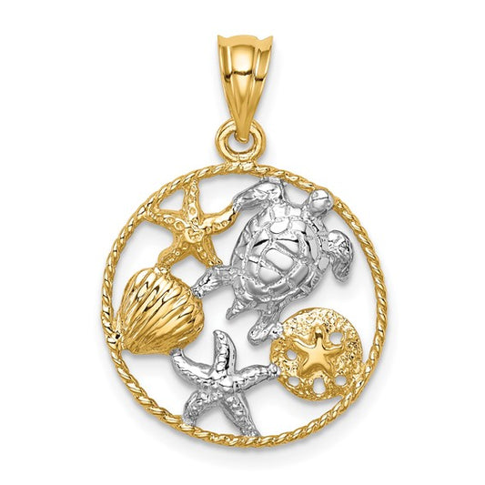 14K Yellow/White Gold Turtle, Starfish, & Shells Hoop Two Tone Pendant