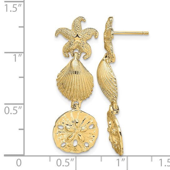 14K Yellow Gold Dangle Sea Life Starfish, Sand Dollar, Shell Earrings