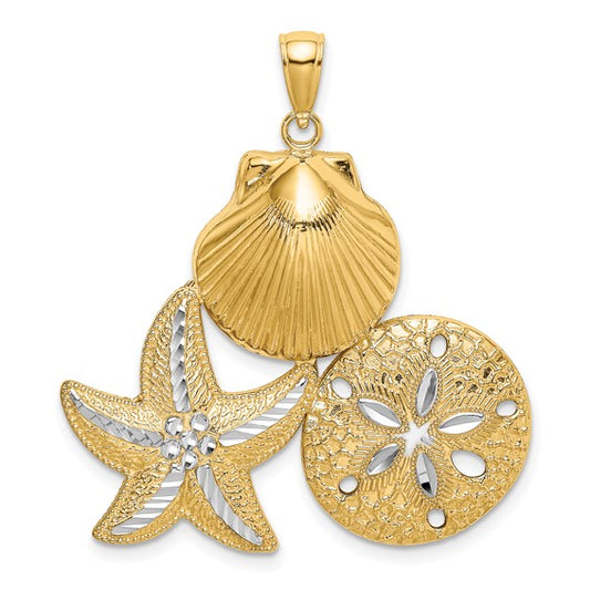 14K Yellow/White Gold Two Tone Sea Shells Scallop, Sand Dollar, & Starfish Pendant