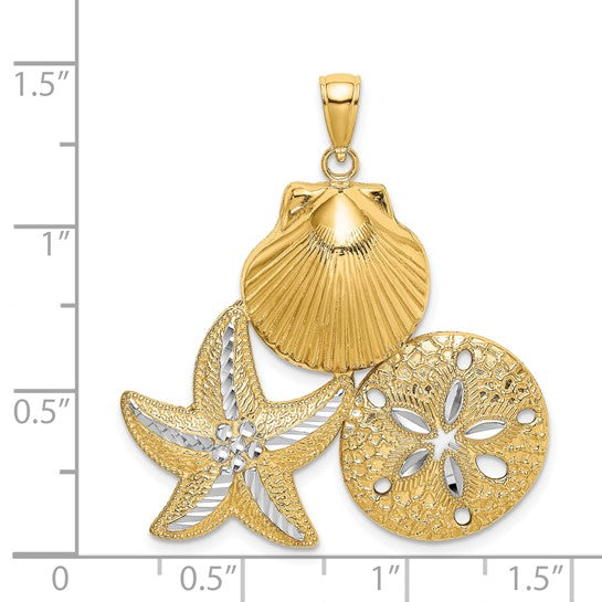 14K Yellow/White Gold Two Tone Sea Shells Scallop, Sand Dollar, & Starfish Pendant