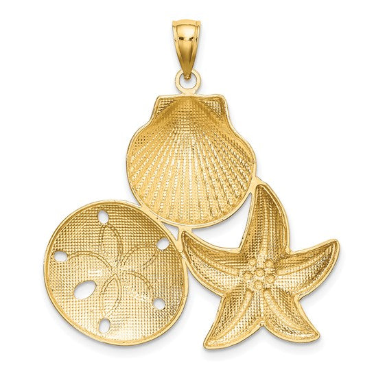 14K Yellow/White Gold Two Tone Sea Shells Scallop, Sand Dollar, & Starfish Pendant