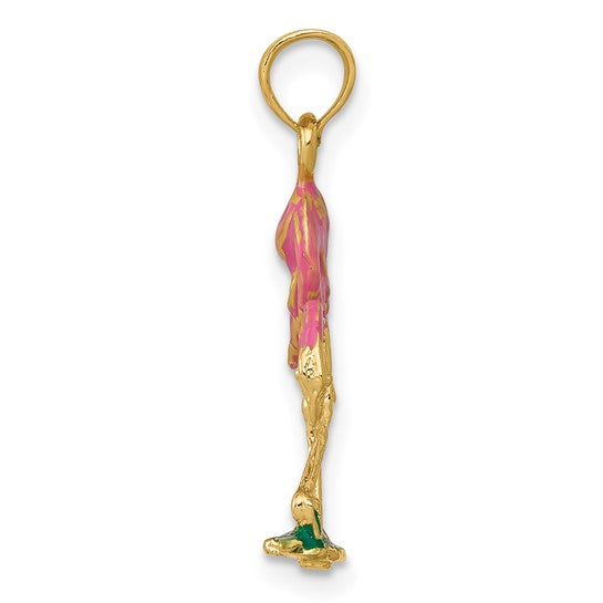 14K Yellow Gold Enameled Flamingo Pendant