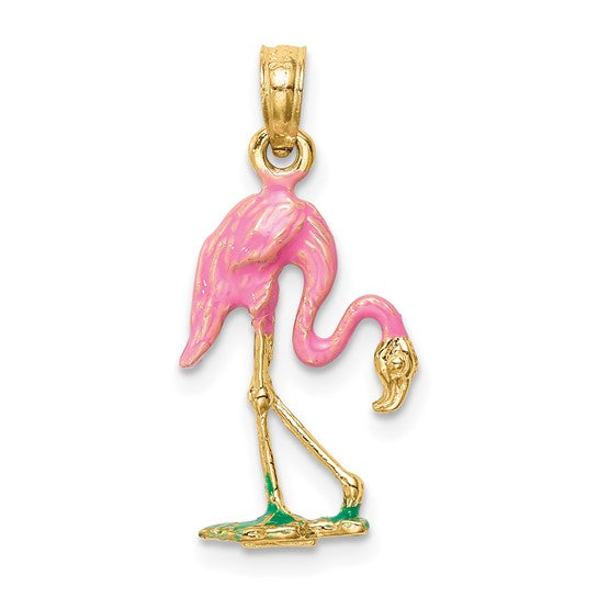 14K Yellow Gold Enameled Flamingo Pendant
