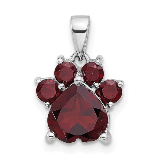 Sterling Silver Rhodium Plated Dog Paw Print Natural Garnet Pendant