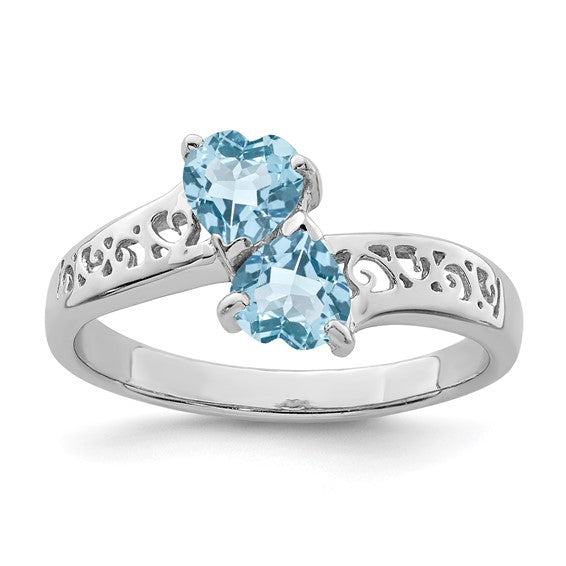 White Gold Filled Sterling Silver Double Heart Stone Blue Topaz Ring