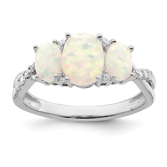 14K White Gold 3 Stone Natural Diamond & Lab Created Opal Ring Promise Ring