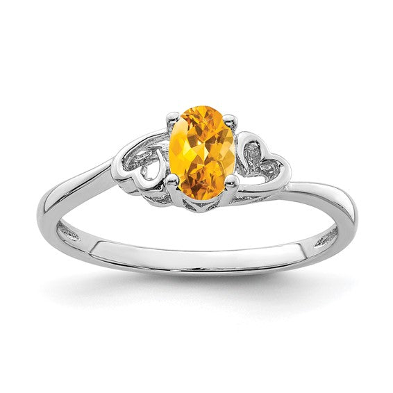Sterling Silver White Gold Plated Natural Citrine Gemstone Heart Band Ring