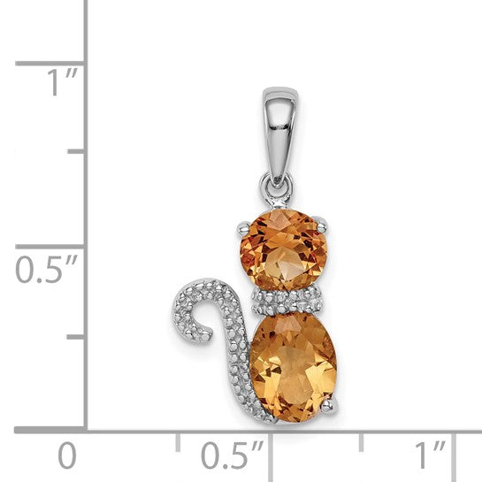Sterling Silver White Gold Plated Natural Citrine & Diamond Pet Cat Pendant
