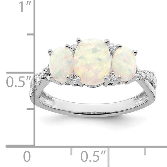 14K White Gold 3 Stone Natural Diamond & Lab Created Opal Ring Promise Ring