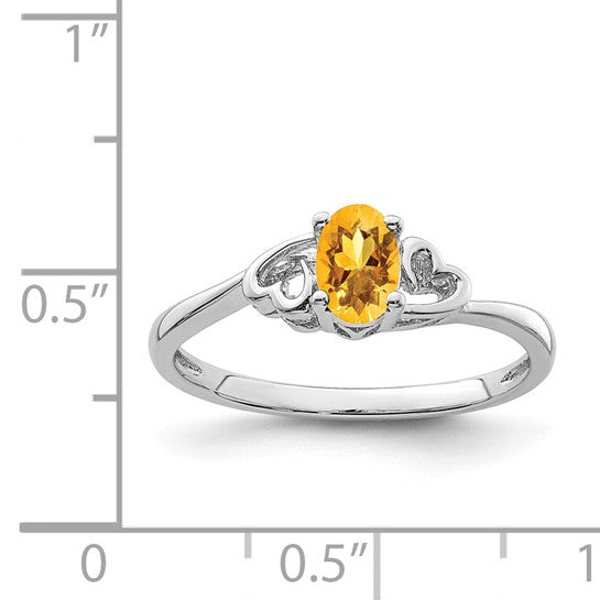 Sterling Silver White Gold Plated Natural Citrine Gemstone Heart Band Ring