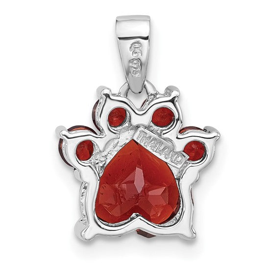 Sterling Silver Rhodium Plated Dog Paw Print Natural Garnet Pendant