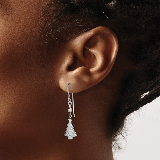 White Gold Filled Sterling Silver Christmas Tree Dangle Earrings