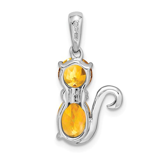 Sterling Silver White Gold Plated Natural Citrine & Diamond Pet Cat Pendant