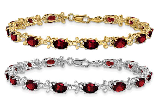 14K Yellow/White Gold Natural Garnet & Diamond Floral Bracelet