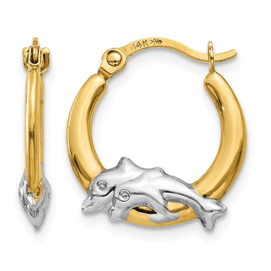14K Yellow/White Gold Two Tone Dolphin Hoop Earrings