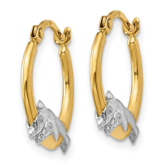 14K Yellow/White Gold Two Tone Dolphin Hoop Earrings